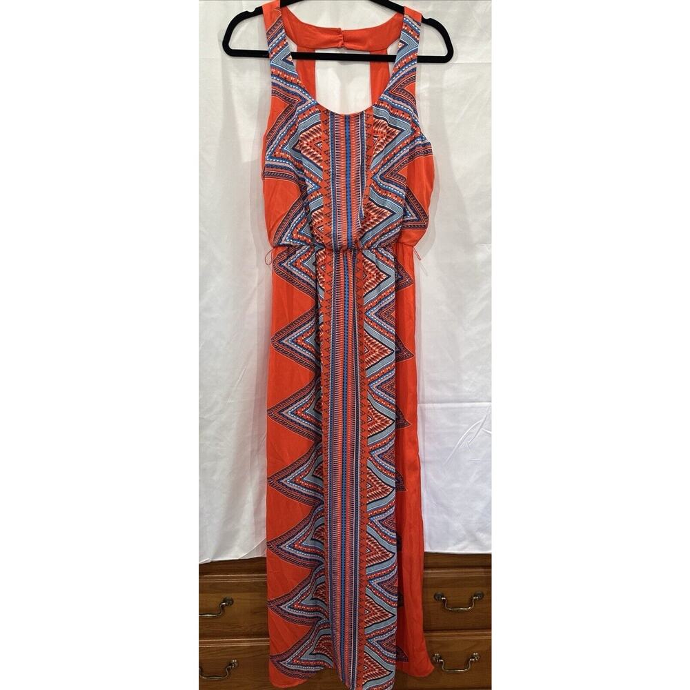 Luxology Tropical Belted Maxi Dress V Neck Women Size M Red Bohemian - Picture 12 of 16